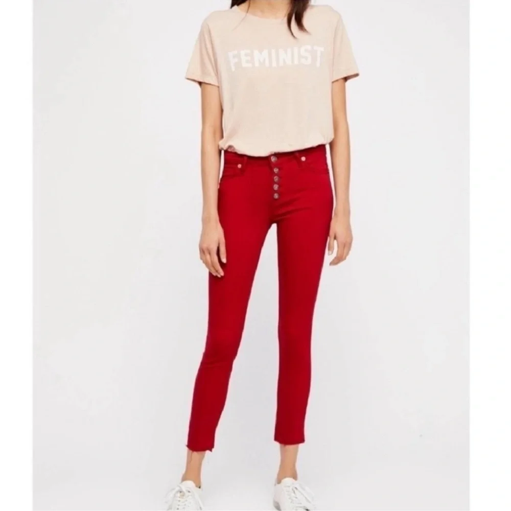 Free People Reagan Raw Jeans Size 31 Skinny Red Cotton Modal Stretch Button Fly - Picture 3 of 16